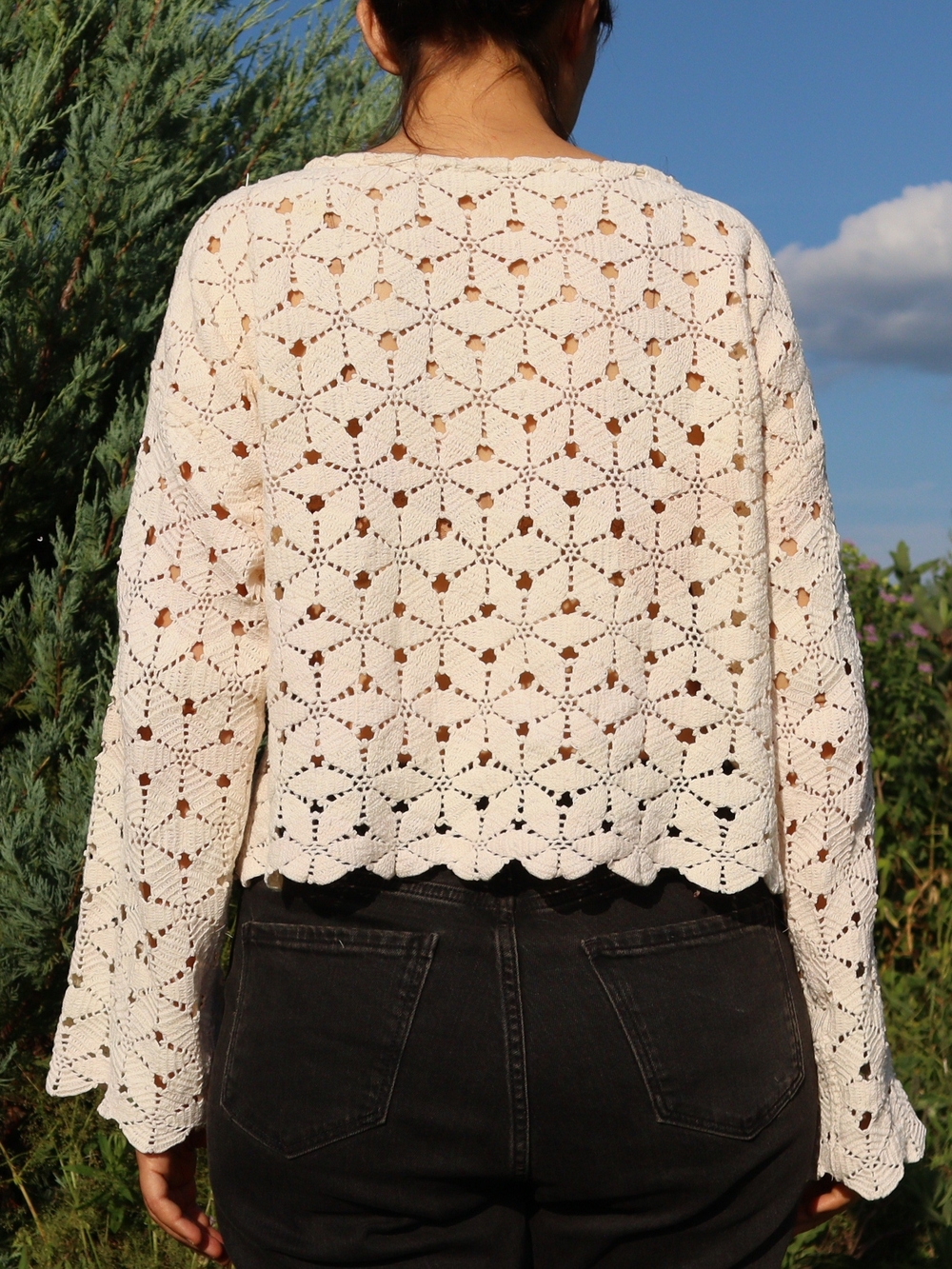 Upcycled Vintage Crochet Tablecloth Tie-Front Sweater Cardigan - Cream L • XL - Picture 6 of 10